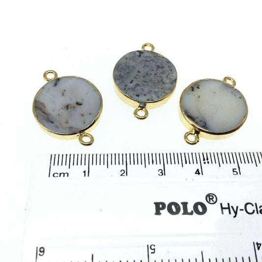 Medium Sized Gold Plated Natural Flat Dendritic Opal Round Shaped Connector - 16mm - 20mm  Approx. - Sold Per Each, Selected at Random