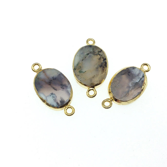 Medium Sized Gold Plated Natural Flat Dendritic Opal Oval Shaped Connector - 16mm - 20mm  Long Approx. - Sold Per Each, Selected at Random