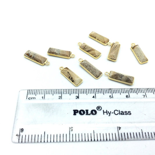 Gold Vermeil Faceted Cut Stone Rectangle Shaped Picture Jasper Bezel Pendant - Measuring 5mm x 15mm - Sold Per Piece