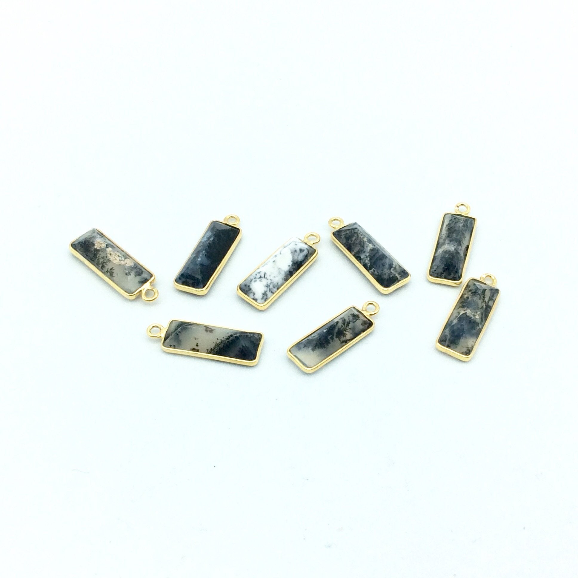Gold Vermeil Faceted Cut Stone Rectangle Shaped Dendritic Opal Bezel Pendant - Measuring 5mm x 15mm - Sold Per Piece