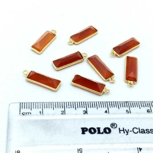 Gold Vermeil / Silver Faceted Cut Stone Rectangle Shaped Carnelian Bezel Pendant/Connector - Measuring 5mm x 15mm - Sold Per Piece