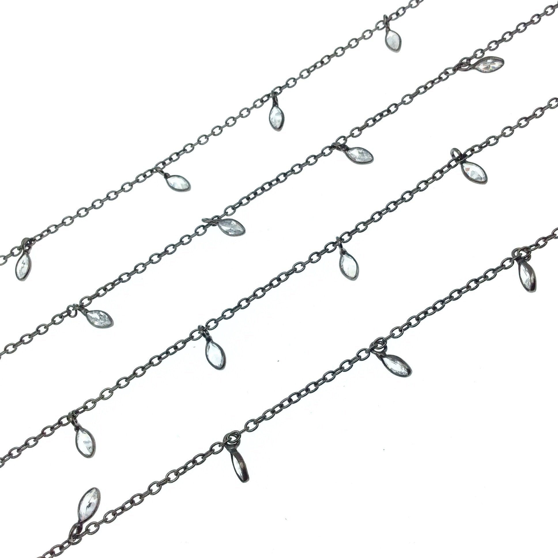 Gunmetal Plated Copper Bezel Dangle Rosary Chain with 2mm x 5mm Cut Stone Flat Back Clear Hydro Quartz Teardrop Bezels - Sold by the Foot