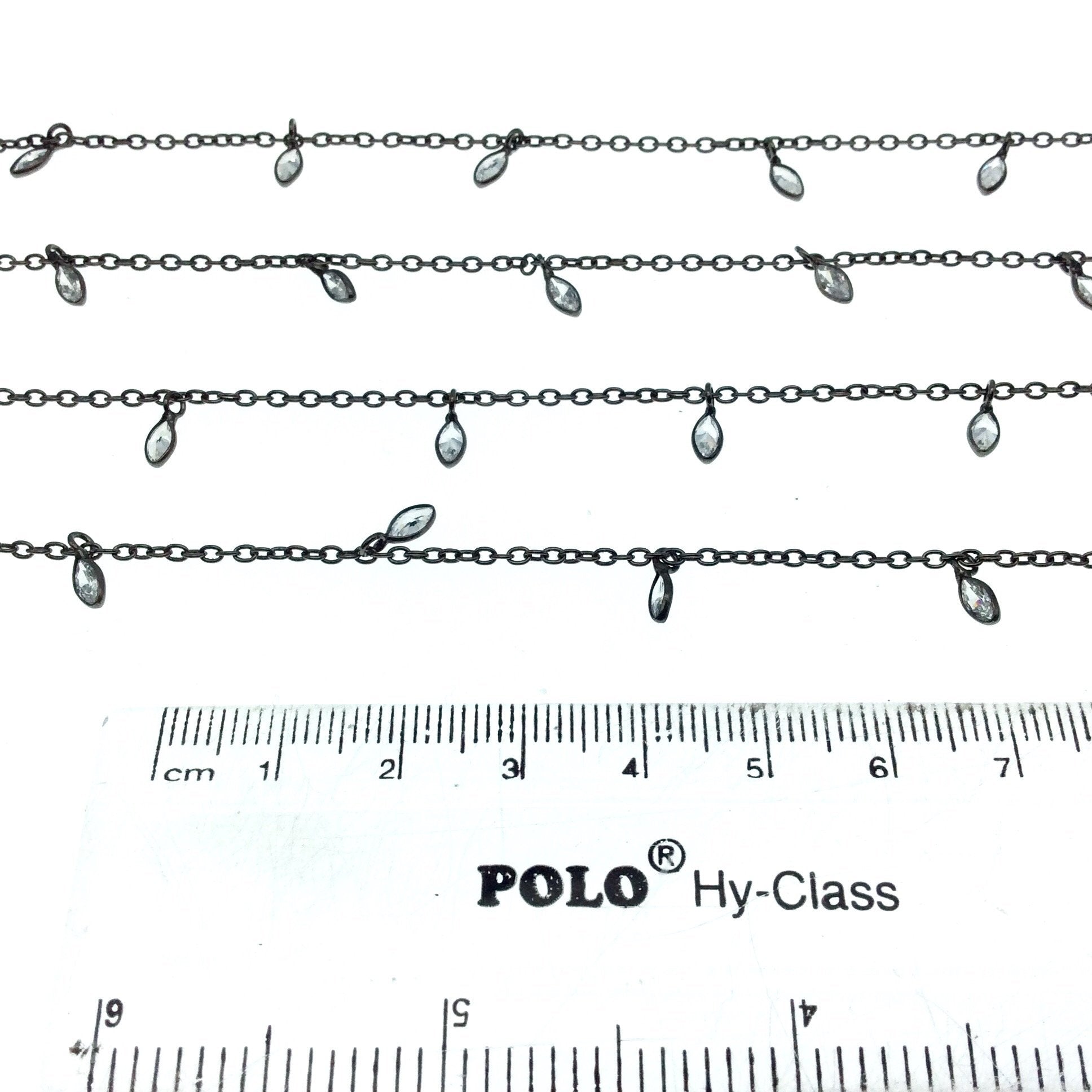 Gunmetal Plated Copper Bezel Dangle Rosary Chain with 2mm x 5mm Cut Stone Flat Back Clear Hydro Quartz Teardrop Bezels - Sold by the Foot