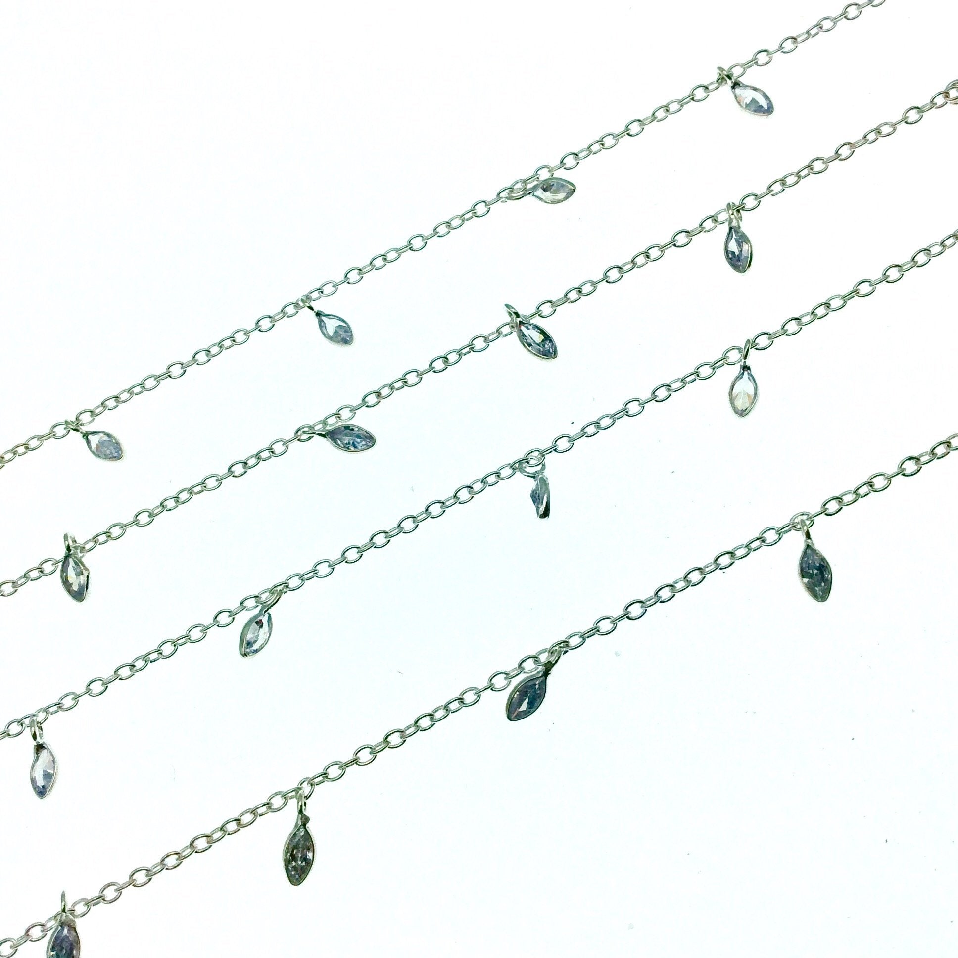 Silver Plated Copper Bezel Dangle Rosary Chain with 2mm x 5mm Cut Stone Flat Back Clear Hydro Quartz Teardrop Bezels - Sold by the Foot
