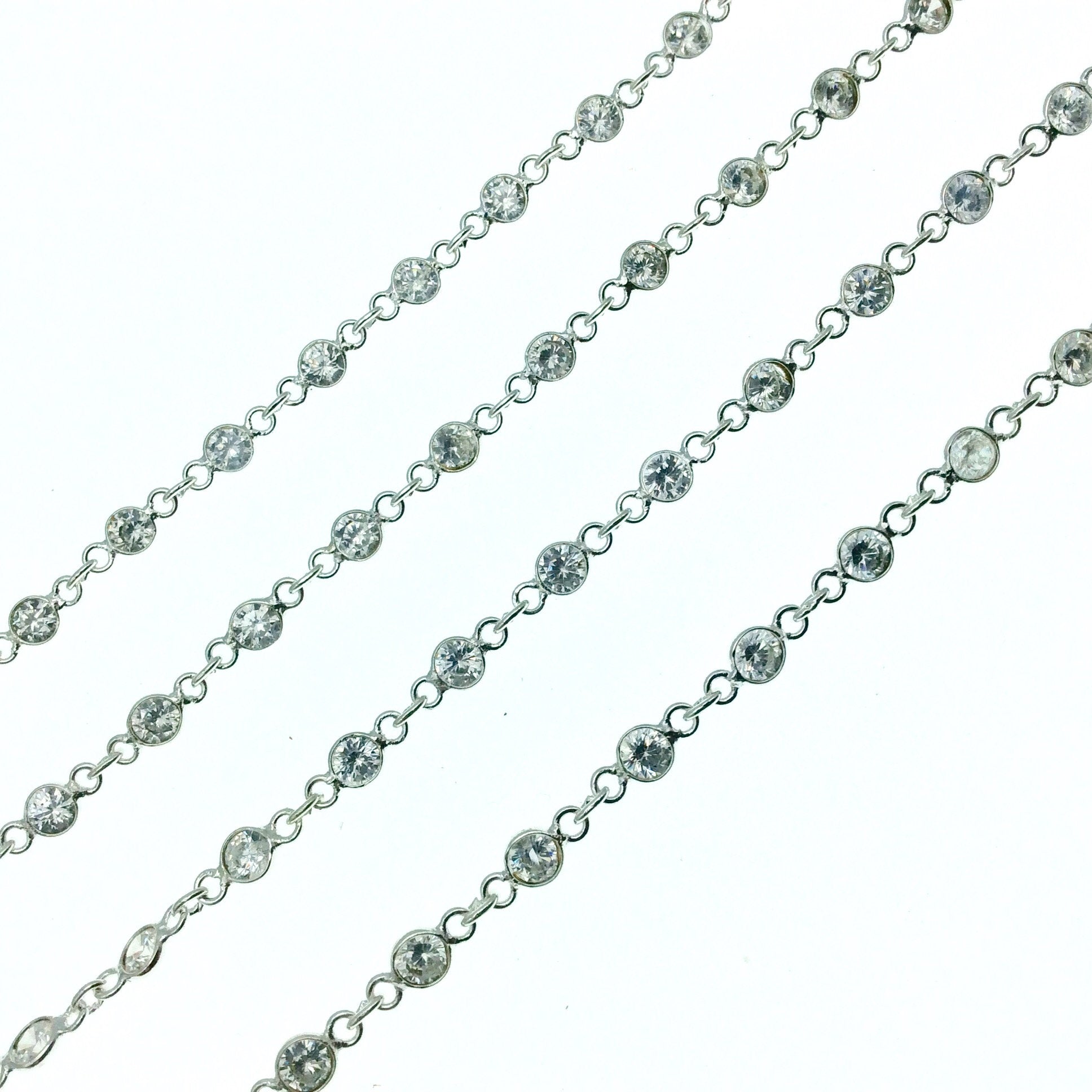 Silver Plated Copper Link Bezel Rosary Chain with 4mm CZ Cubic Zirconia Circle/Coin Bezels - Sold by the Foot