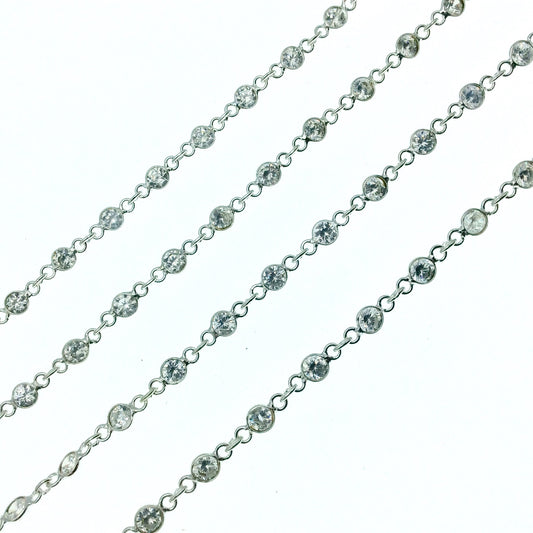 Silver Plated Copper Link Bezel Rosary Chain with 4mm CZ Cubic Zirconia Circle/Coin Bezels - Sold by the Foot