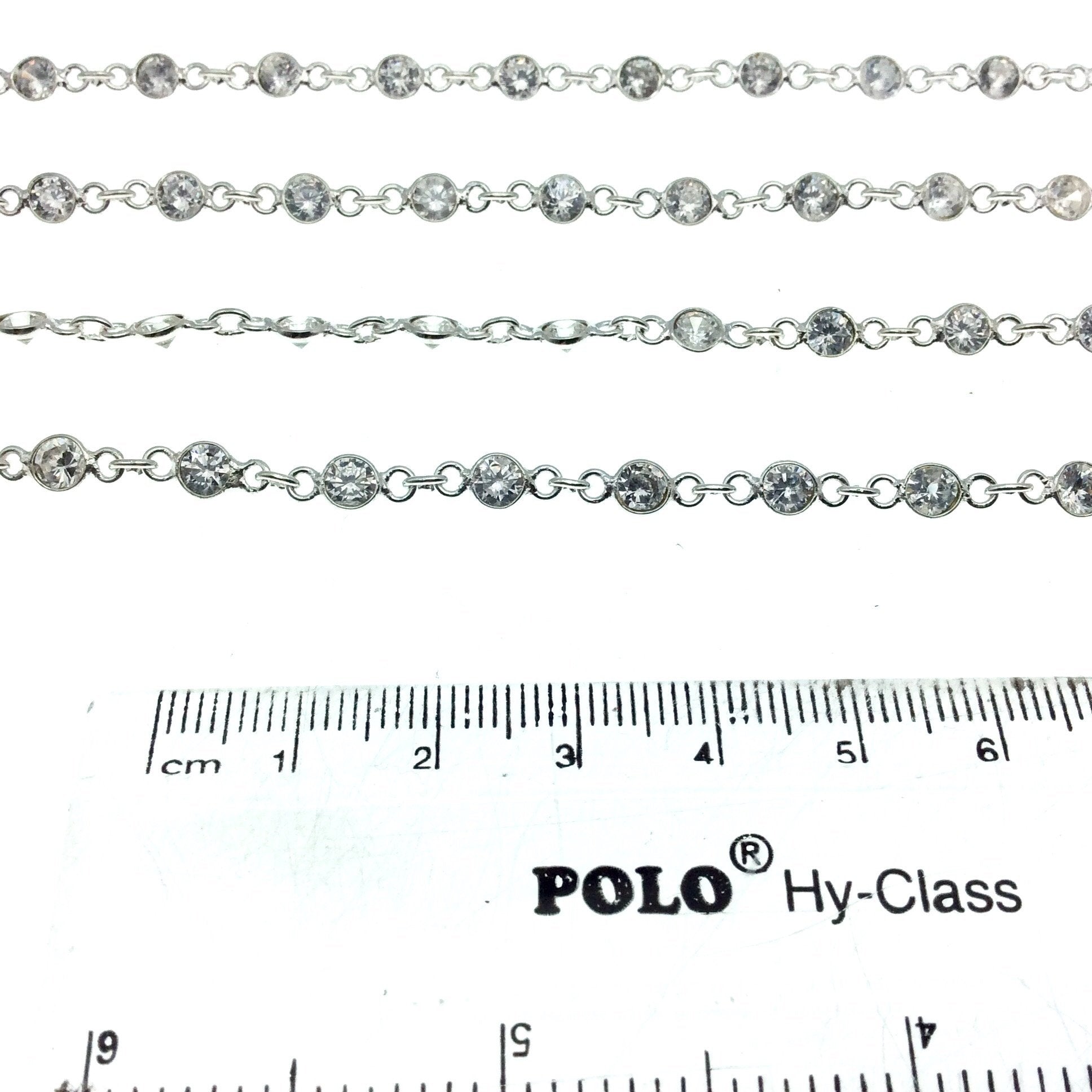 Silver Plated Copper Link Bezel Rosary Chain with 4mm CZ Cubic Zirconia Circle/Coin Bezels - Sold by the Foot