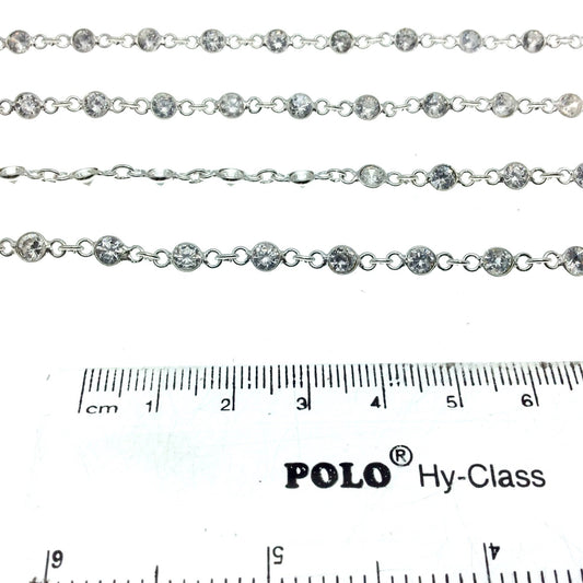 Silver Plated Copper Link Bezel Rosary Chain with 4mm CZ Cubic Zirconia Circle/Coin Bezels - Sold by the Foot