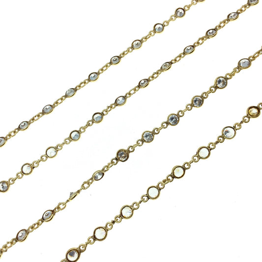 Gold Plated Copper Link Bezel Rosary Chain with 4mm CZ Cubic Zirconia Circle/Coin Bezels - Sold by the Foot