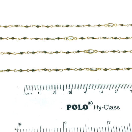 Gold Plated Copper Rosary Chain with 2mm Pyrite Beads and 5mm Clear Hyrdro Quartz Marquise Bezels  - Sold by the Foot, or in Bulk!