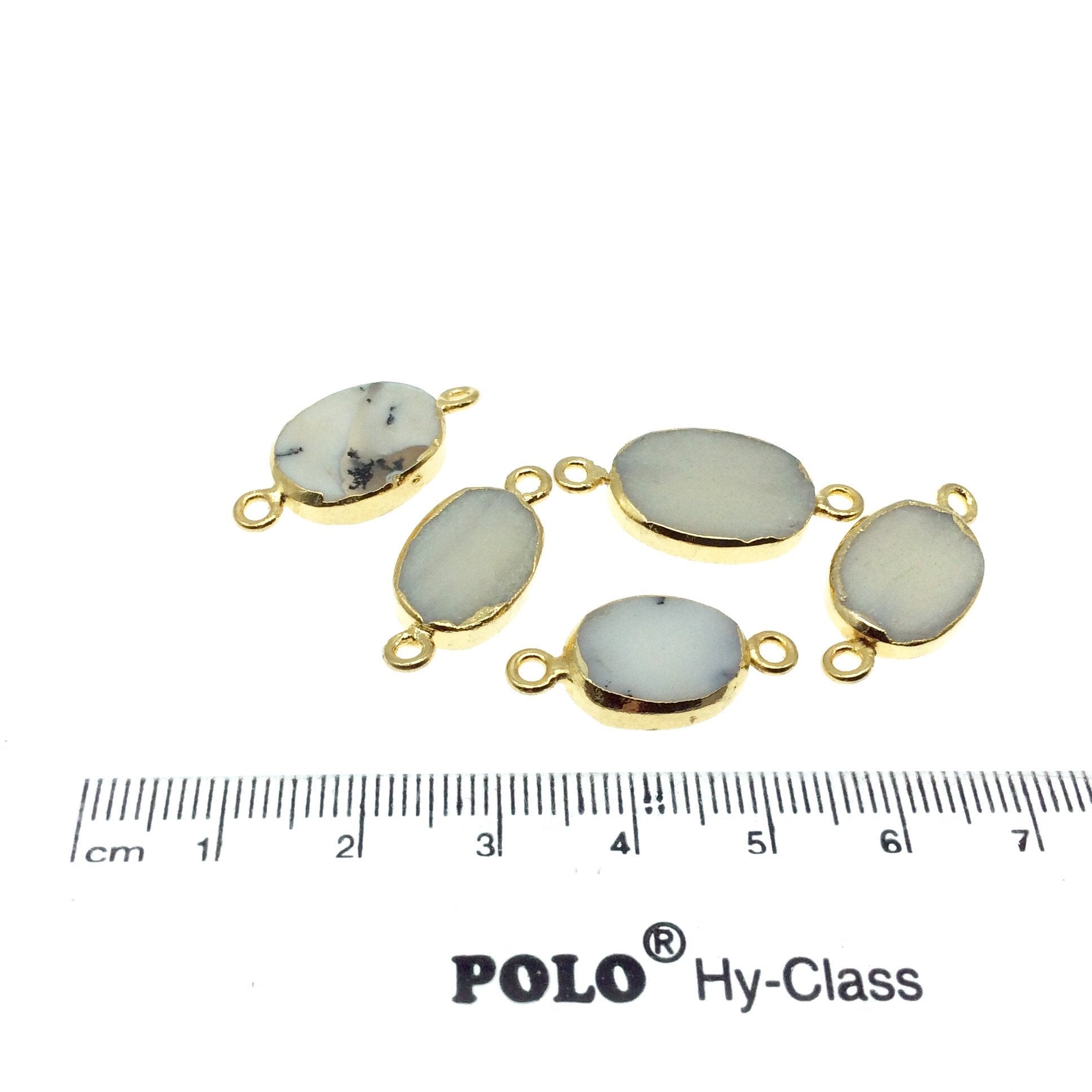 Small Sized Gold Plated Natural Flat White/Green Tree Agate Oval Shape Connector - 12-16mm Long Approx. - Sold Per Each, Selected at Random