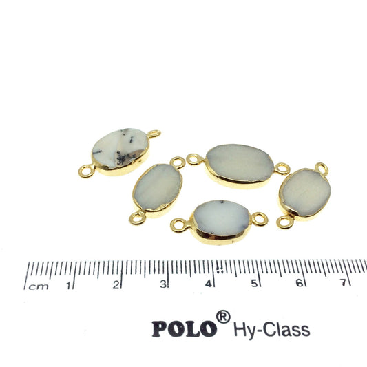 Small Sized Gold Plated Natural Flat White/Green Tree Agate Oval Shape Connector - 12-16mm Long Approx. - Sold Per Each, Selected at Random