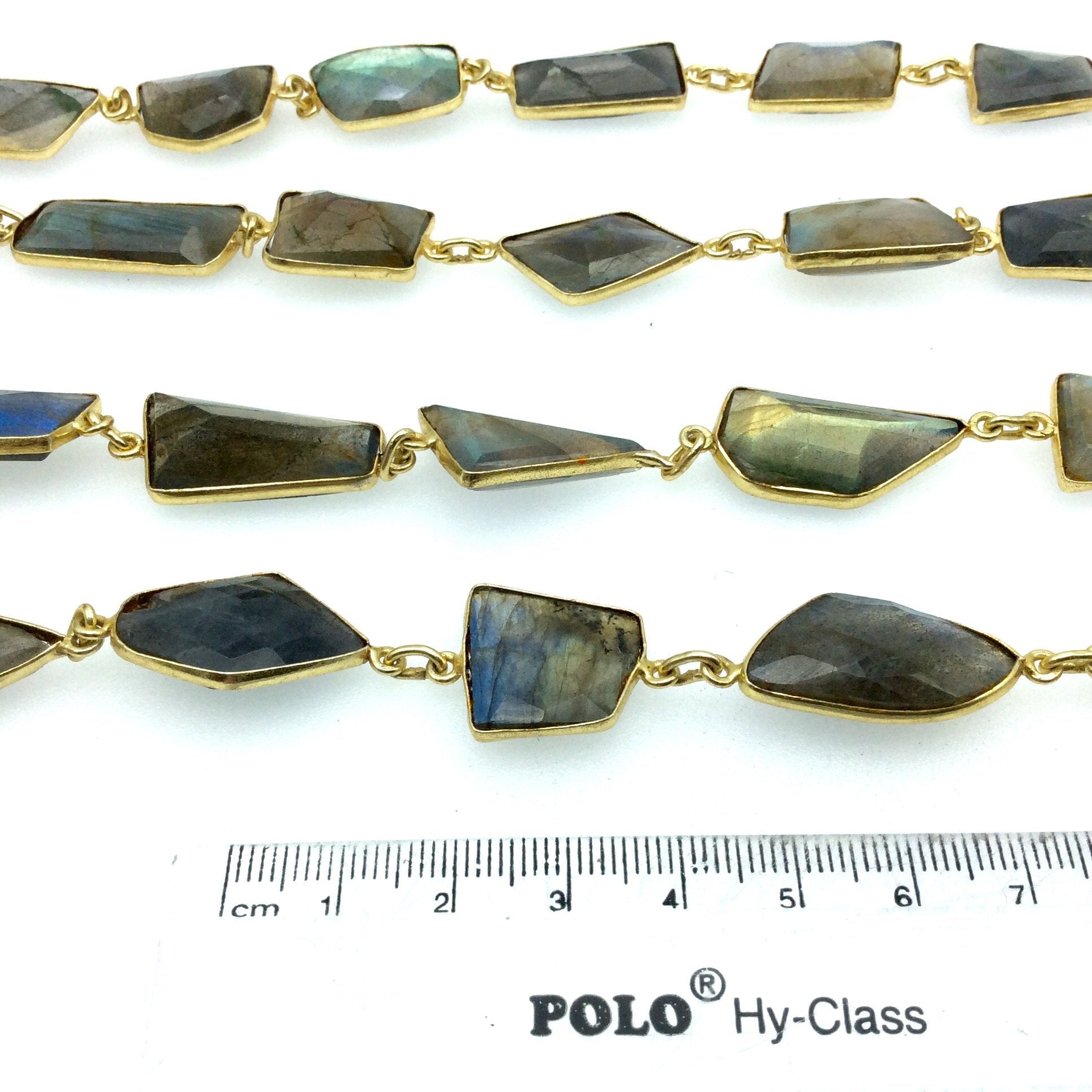 Gold Plated Copper Bezel Link Rosary Chain with Freeform Faceted Labradorite Bezels, measuring approx. 30mm long- Sold by 1' Cut Sections