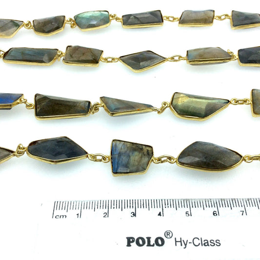 Gold Plated Copper Bezel Link Rosary Chain with Freeform Faceted Labradorite Bezels, measuring approx. 30mm long- Sold by 1' Cut Sections