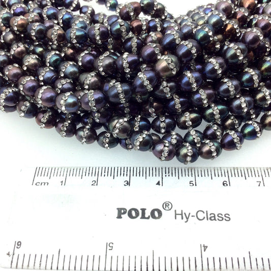 7mm x8mm Rhinestone Hemisphere Black Peacock Pearl Potato Shaped Beads - Sold in Packs of Six (6) - Natural Semi-Precious Loose Gemstone