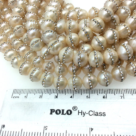 10mm Rhinestone Hemisphere Blush Pink Pearl Round/Ball Shaped Beads - Sold in Packs of Six (6) - Natural Semi-Precious Loose Gemstone