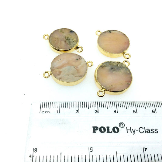 Large Sized Gold Plated Natural Flat Mixed Pink Agate Round Shape Connector - 18-20mm Approx. - Sold Per Each, Selected at Random