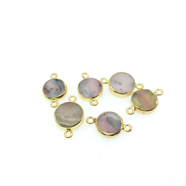 Small Sized Gold Plated Natural Flat Mixed Pink Agate Round Shape Connector - 11-15mm Approx. - Sold Per Each, Selected at Random