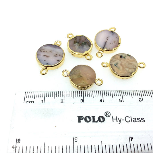 Medium Sized Gold Plated Natural Flat Mixed Pink Agate Round Shape Connector - 15-18mm Approx. - Sold Per Each, Selected at Random