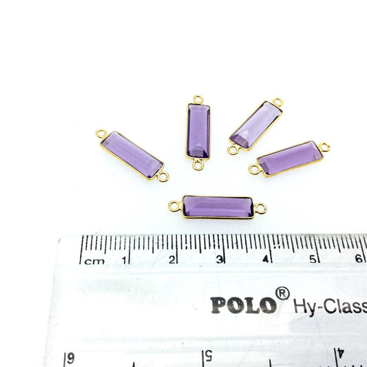 Gold Vermeil Faceted Cut Stone Rectangle Shaped Purple Hydro (Lab Created) Quartz Bezel Connector- Measuring 5mm x 15mm - Sold Per Piece