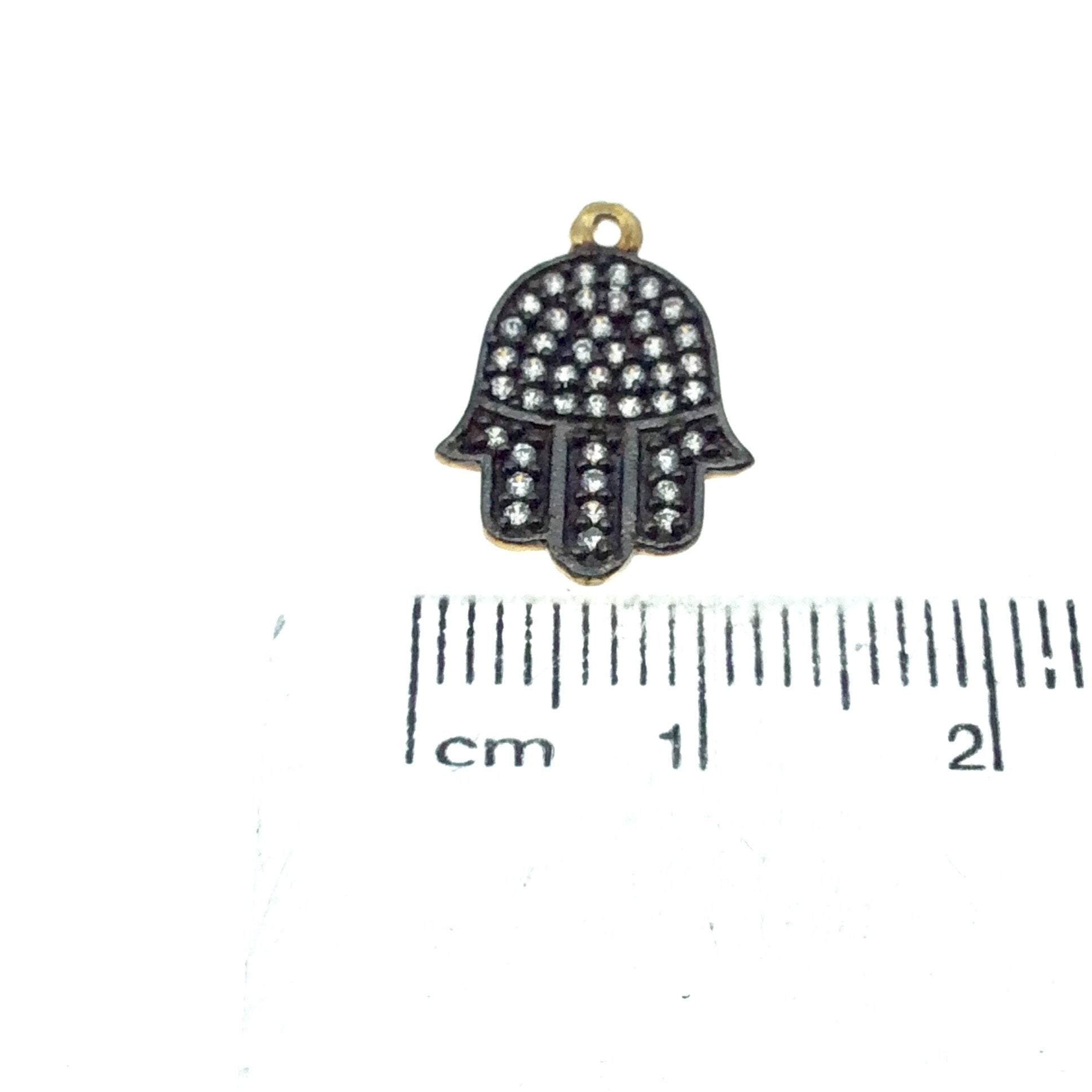 Tiny Oxidized Gold Finish Hamsa Shaped CZ Cubic Zirconia Inlaid Plated Copper Pendant Component - Measuring 8mm x 14mm  - Sold Individually