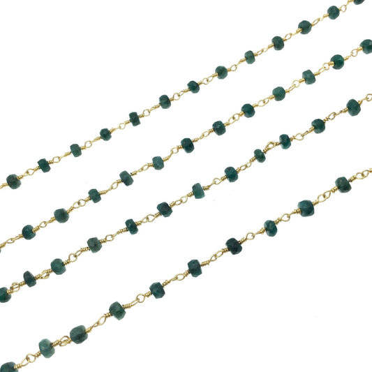 Gold Plated Copper Wrapped Rosary Chain with 3-4mm Faceted Natural Emerald  Rondelle Beads - Sold by 1' Cut Sections!