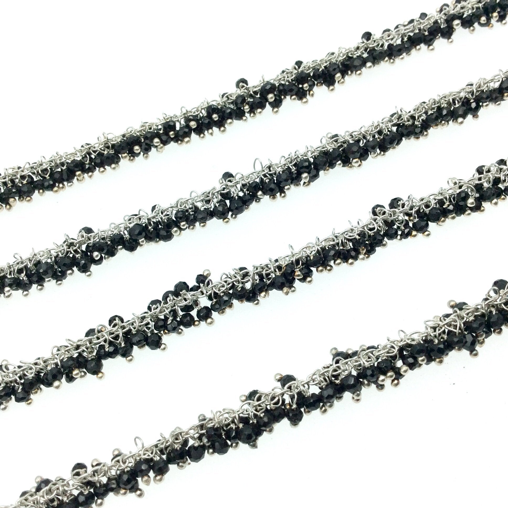 Silver Plated Copper Double Dangle Cable Rosary Chain with 2mm Black Spinel Round Beads - Sold by 1' Cut Sections or in Bulk!