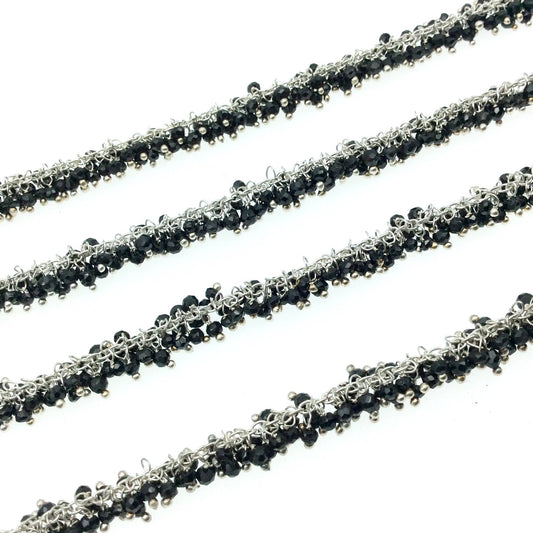 Silver Plated Copper Double Dangle Cable Rosary Chain with 2mm Black Spinel Round Beads - Sold by 1' Cut Sections or in Bulk!