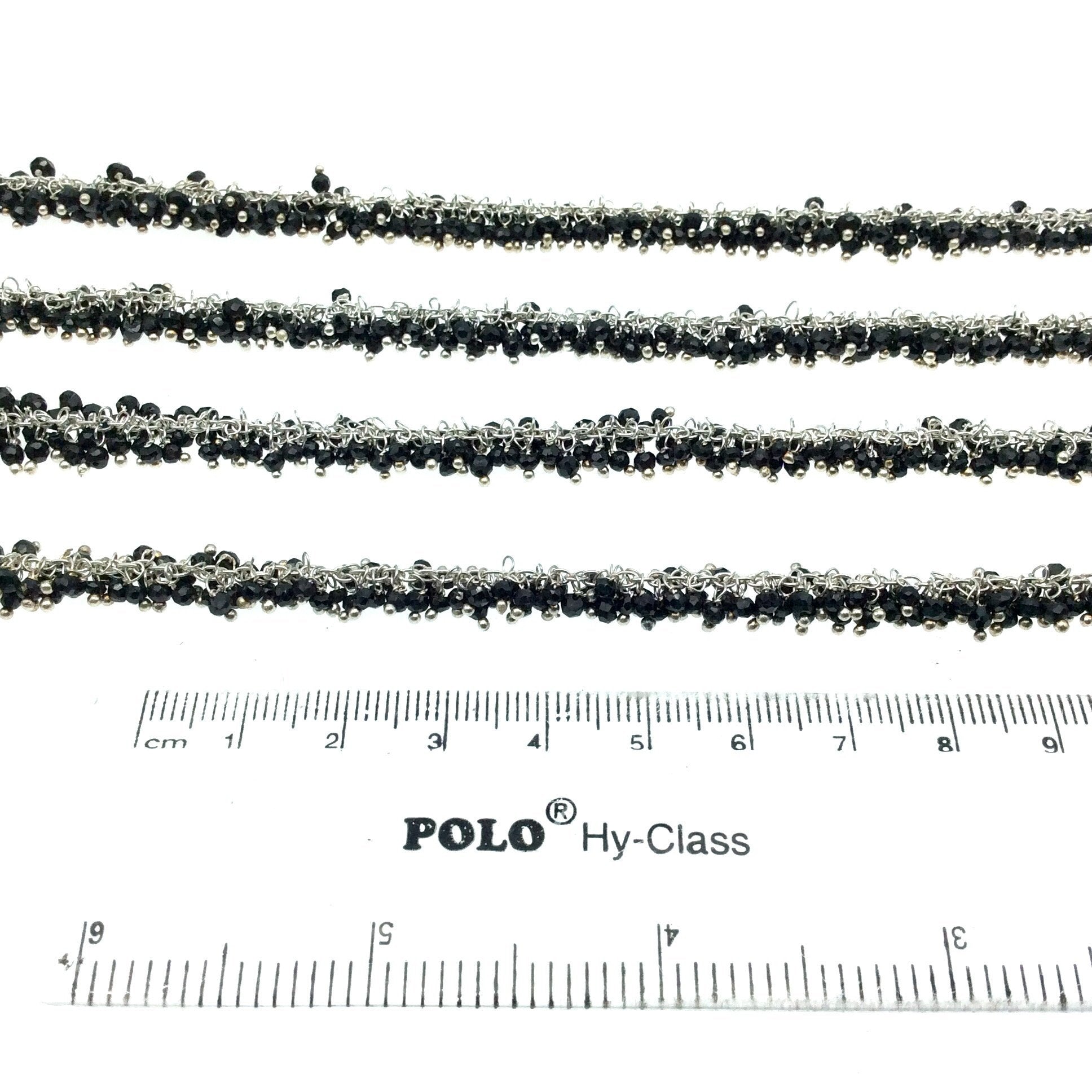 Silver Plated Copper Double Dangle Cable Rosary Chain with 2mm Black Spinel Round Beads - Sold by 1' Cut Sections or in Bulk!