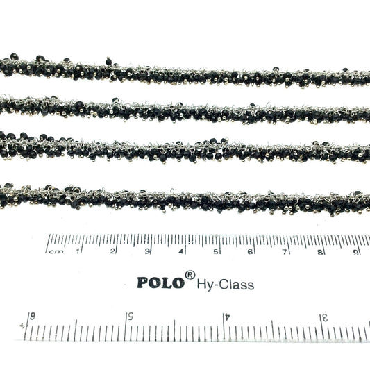 Silver Plated Copper Double Dangle Cable Rosary Chain with 2mm Black Spinel Round Beads - Sold by 1' Cut Sections or in Bulk!