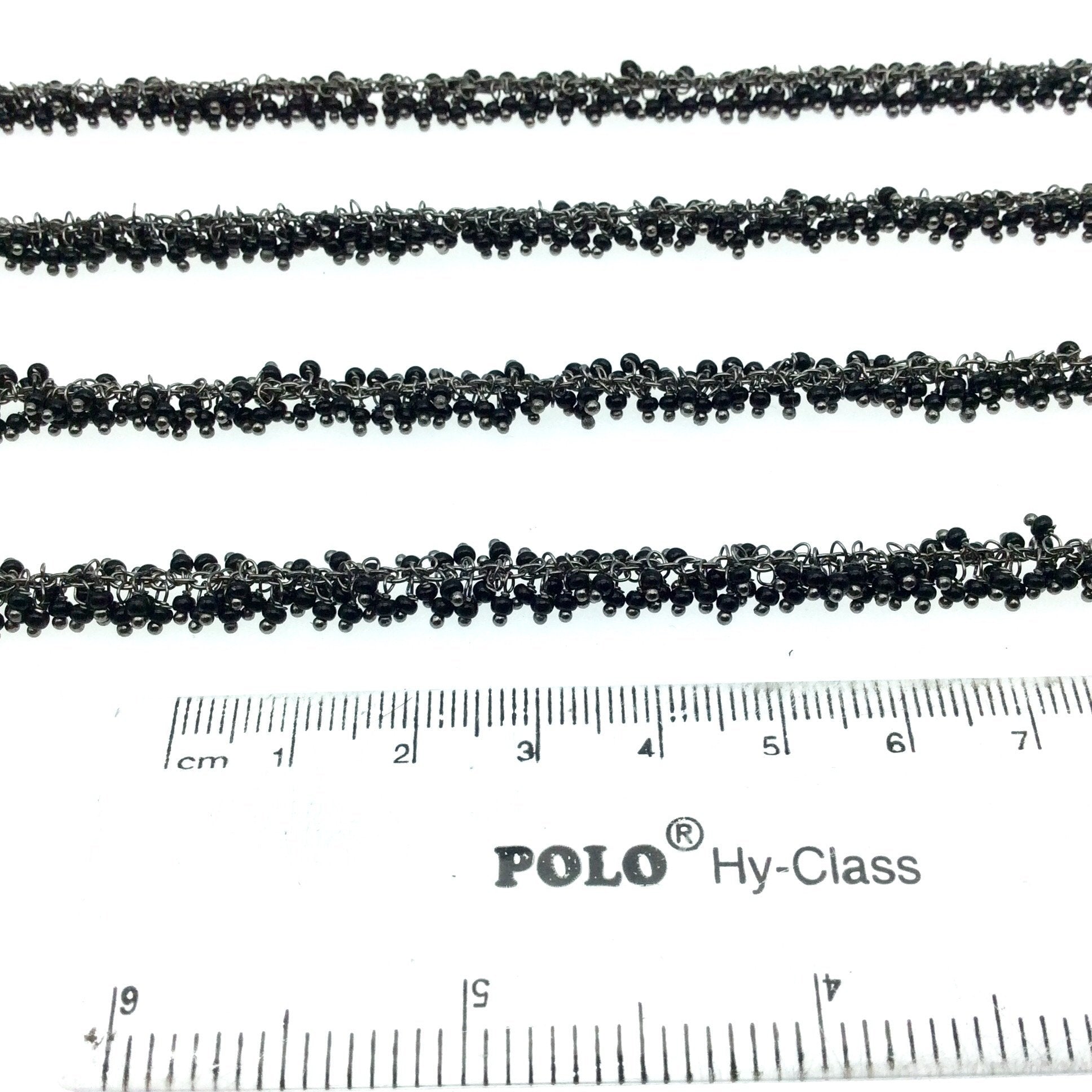 Gunmetal Plated Copper Double Dangle Cable Rosary Chain with 2mm Black Spinel Round Beads - Sold by 1' Cut Sections or in Bulk!