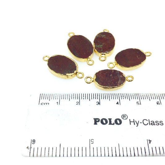 Small Sized Gold Plated Natural Flat Red Jasper Oval Shape Connector - 16-18mm Long Approx. - Sold Per Each, Selected at Random
