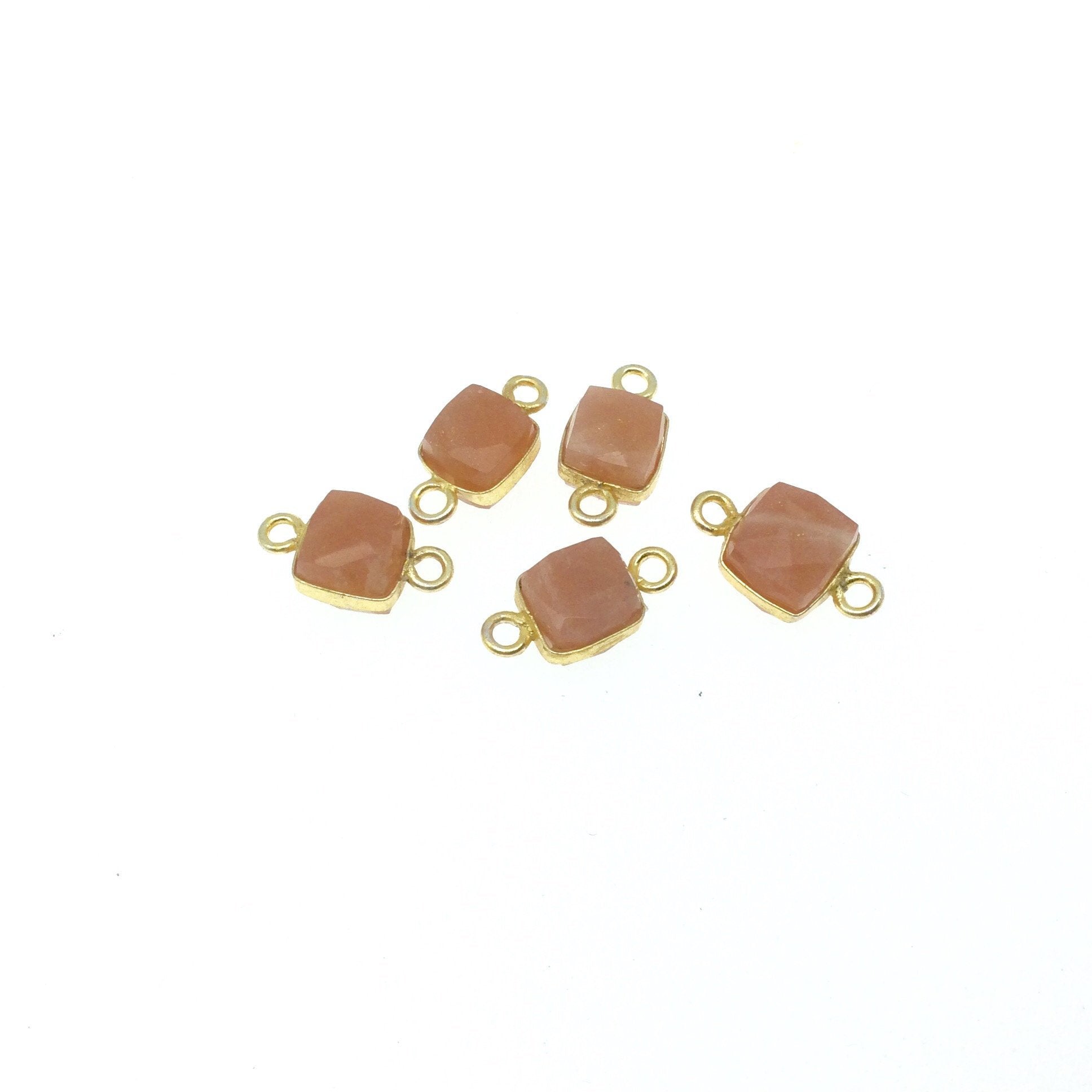Gold Finish Faceted Natural Peach Moonstone Cube/Square Shape Plated Copper Bezel Connector - Measuring 8-10mm -  Sold Individually, Random