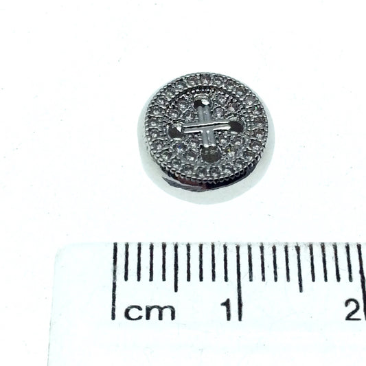 Silver Plated CZ Cubic Zirconia Round Button Shaped Copper Bead - Measures 10mm.  - Sold Individually, RANDOM