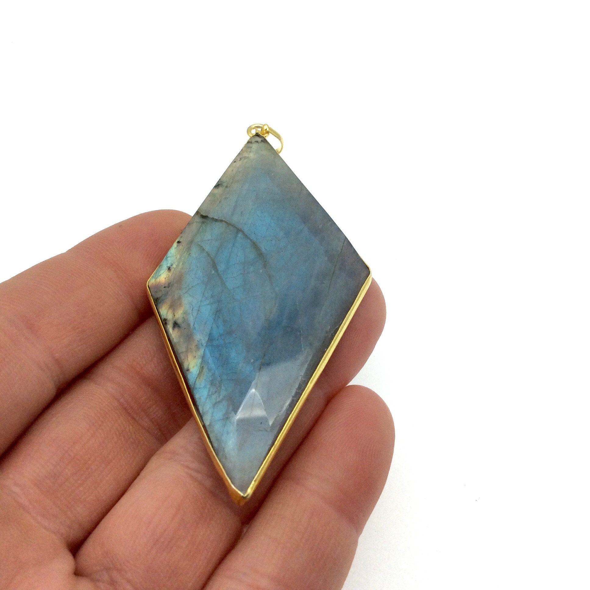 OOAK Gold Plated Faceted Flat Back Labradorite Diamond  Bezel Pendant "LD1"- Measures 37mm x 75mm Approx. - Natural Gemstone