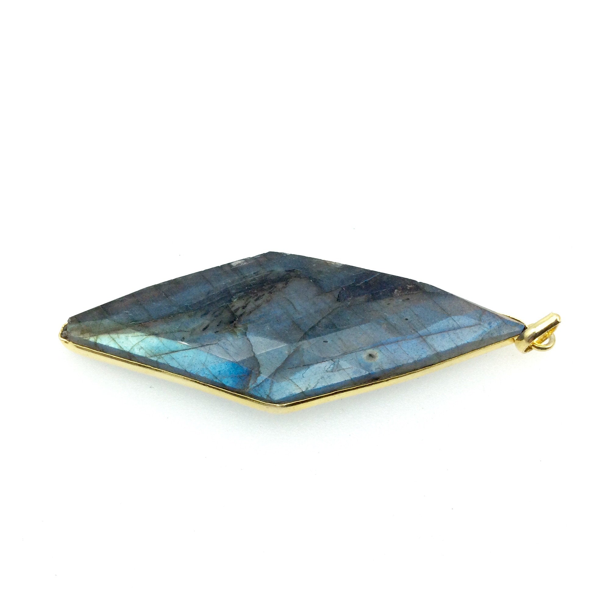 OOAK Gold Plated Faceted Flat Back Labradorite Diamond  Bezel Pendant "LD4"- Measures 25mm x 65mm Approx. - Natural Gemstone