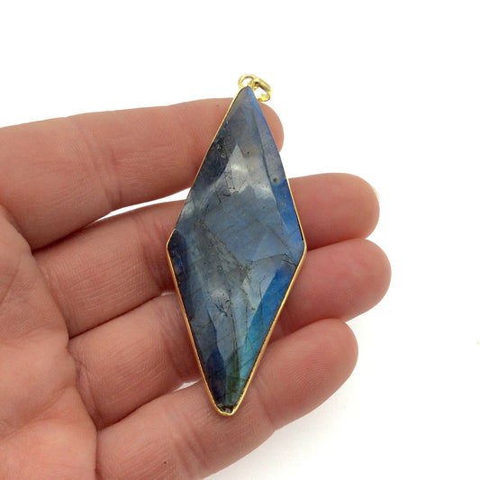 OOAK Gold Plated Faceted Flat Back Labradorite Diamond  Bezel Pendant "LD4"- Measures 25mm x 65mm Approx. - Natural Gemstone