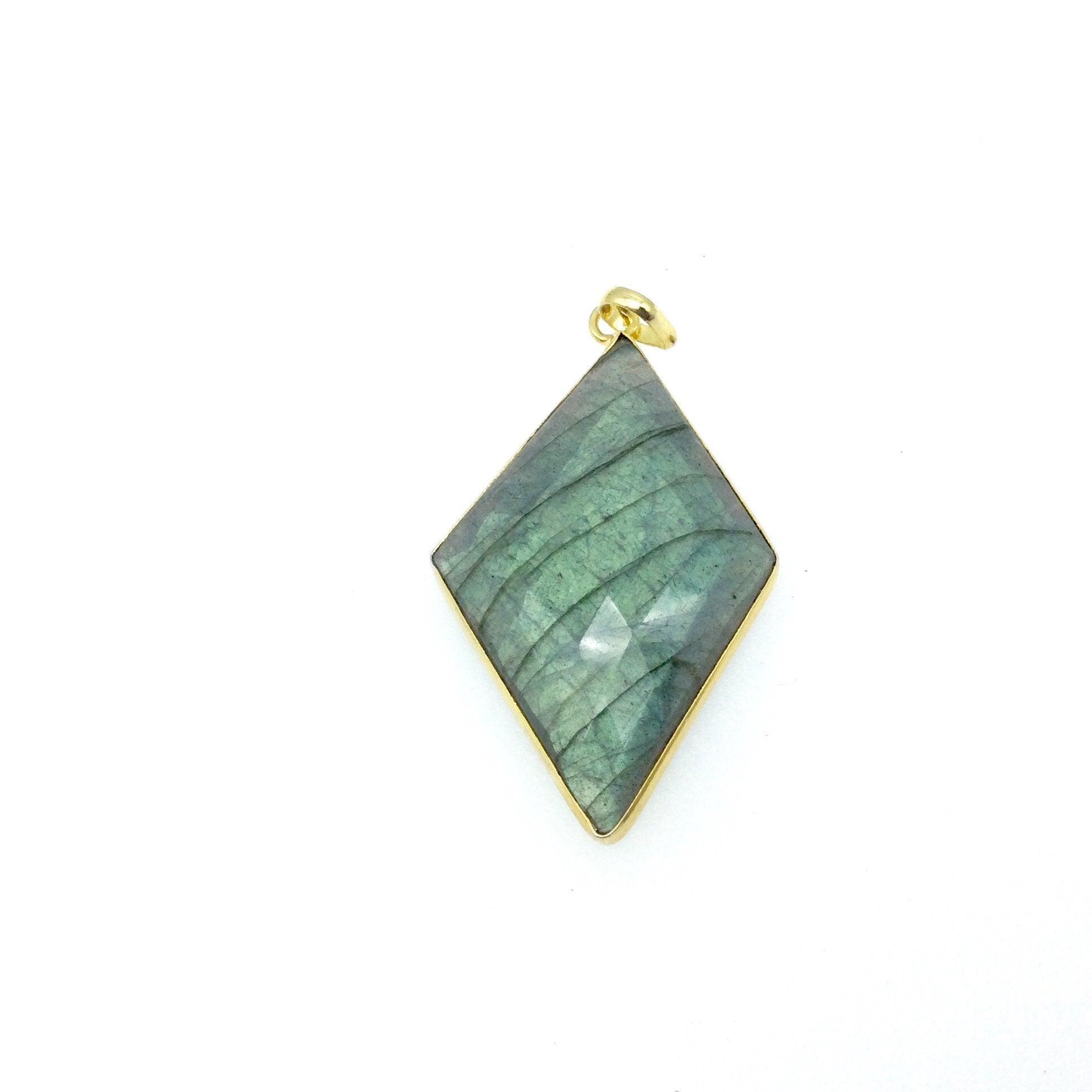 OOAK Gold Plated Faceted Flat Back Labradorite Diamond  Bezel Pendant "LD13"- Measures 28mm x 45mm Approx. - Natural Gemstone
