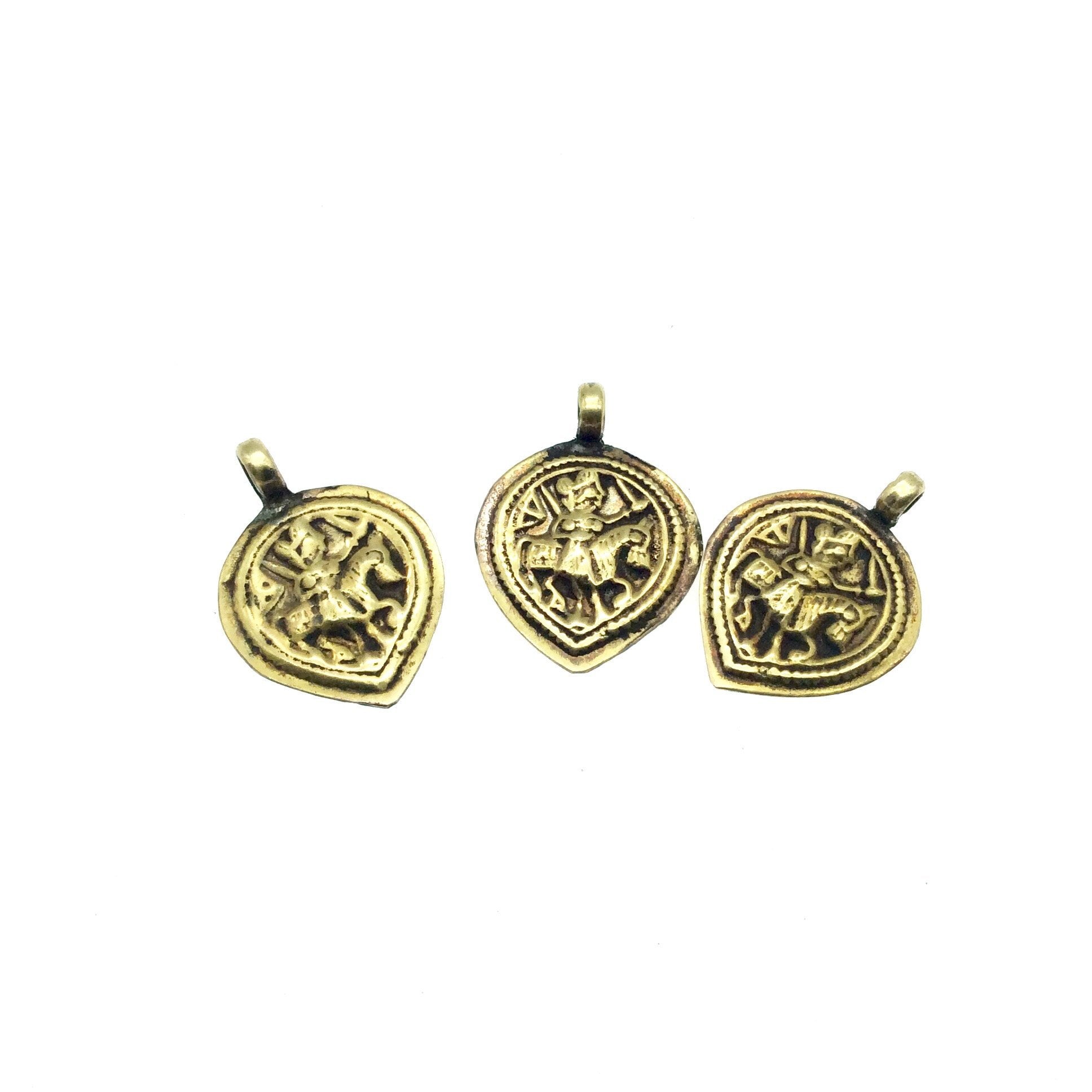 3/4" Oxidized Gold Plated Rustic Kubera Lord of Horses Copper Heart/Teardrop God/Deity Pendant W Attached Ring  - 18mm x 18mm, Approximately