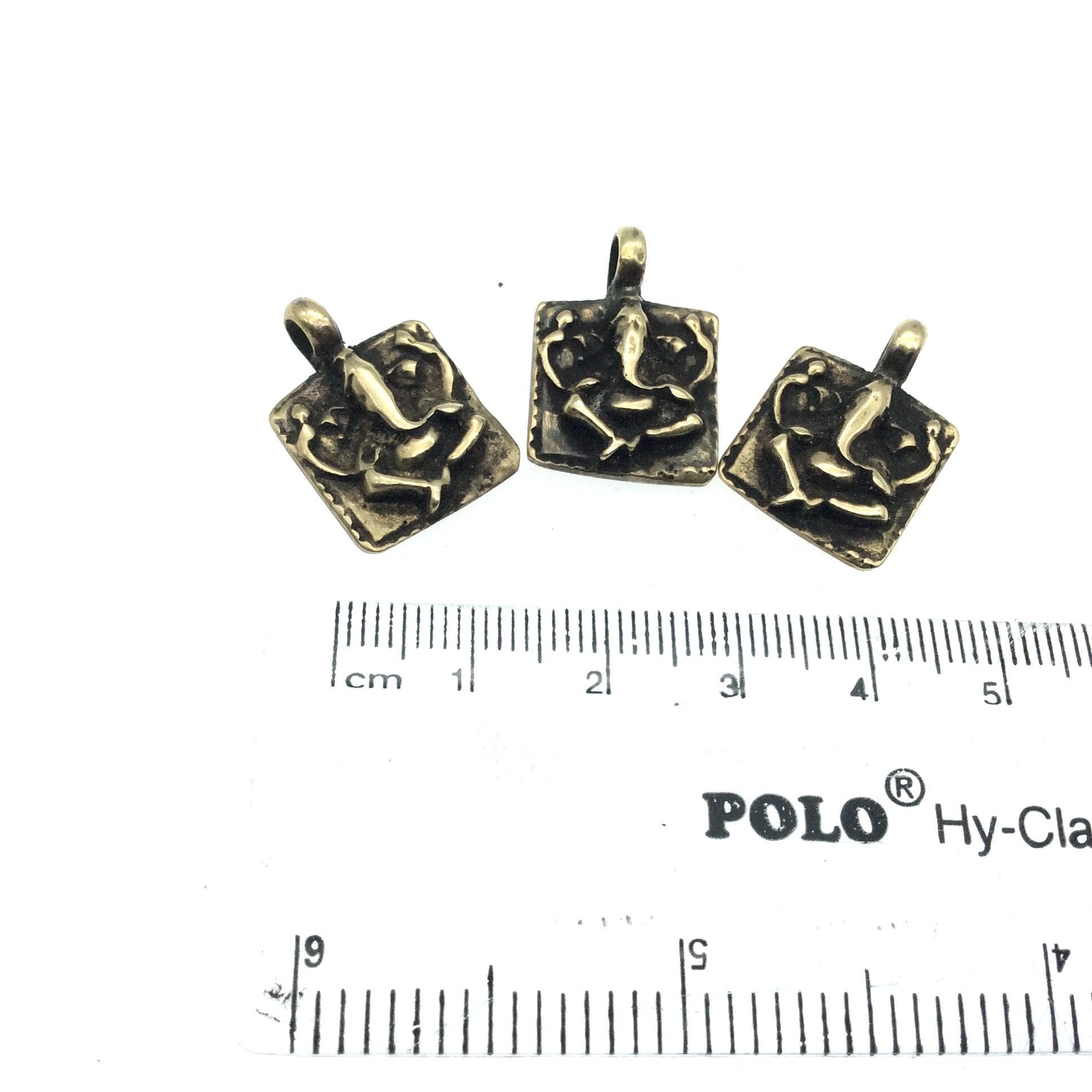 1/2" Oxidized Gold Plated Rustic Seated Ganesha Copper Square God/Deity Pendant W Attached Ring  - 15mm x 15mm, Approximately