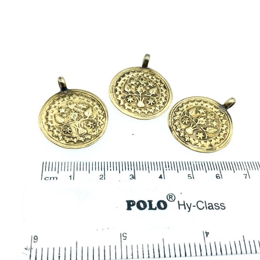 1" Oxidized Gold Plated Rustic Hindu Tree of Life Copper Circle/Coin/Disc Embossed Pendant with Attached Ring  - 22mm, Approximately