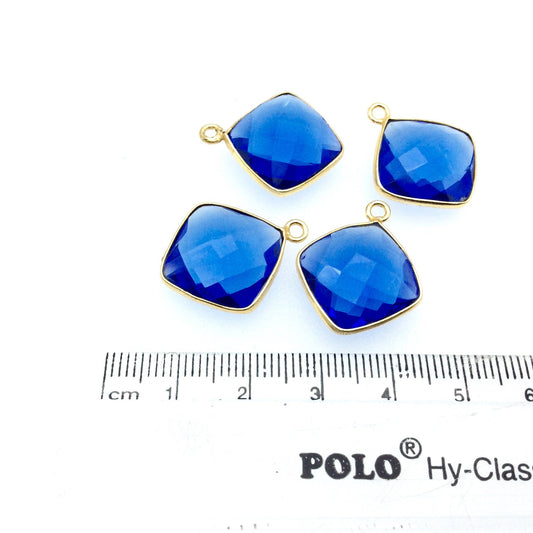 Gold Plated Faceted Hydro (Lab Created) Transparent Cobalt Diamond Shaped Bezel Pendant - Measuring 19mm x 19mm - Sold Individually