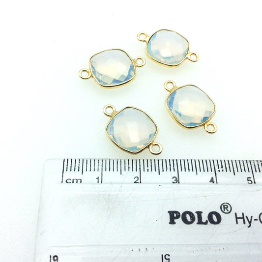 Gold Plated Faceted Milky White Opalite Square Shaped Bezel Connector - Measuring 13mm x 13mm - Sold Individually