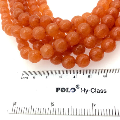 10mm Faceted Dyed Deep Orange Natural Jade Round/Ball Shape Beads with 1mm Beading Holes - Sold by 14.5" Strands (Approximately 37 Beads)