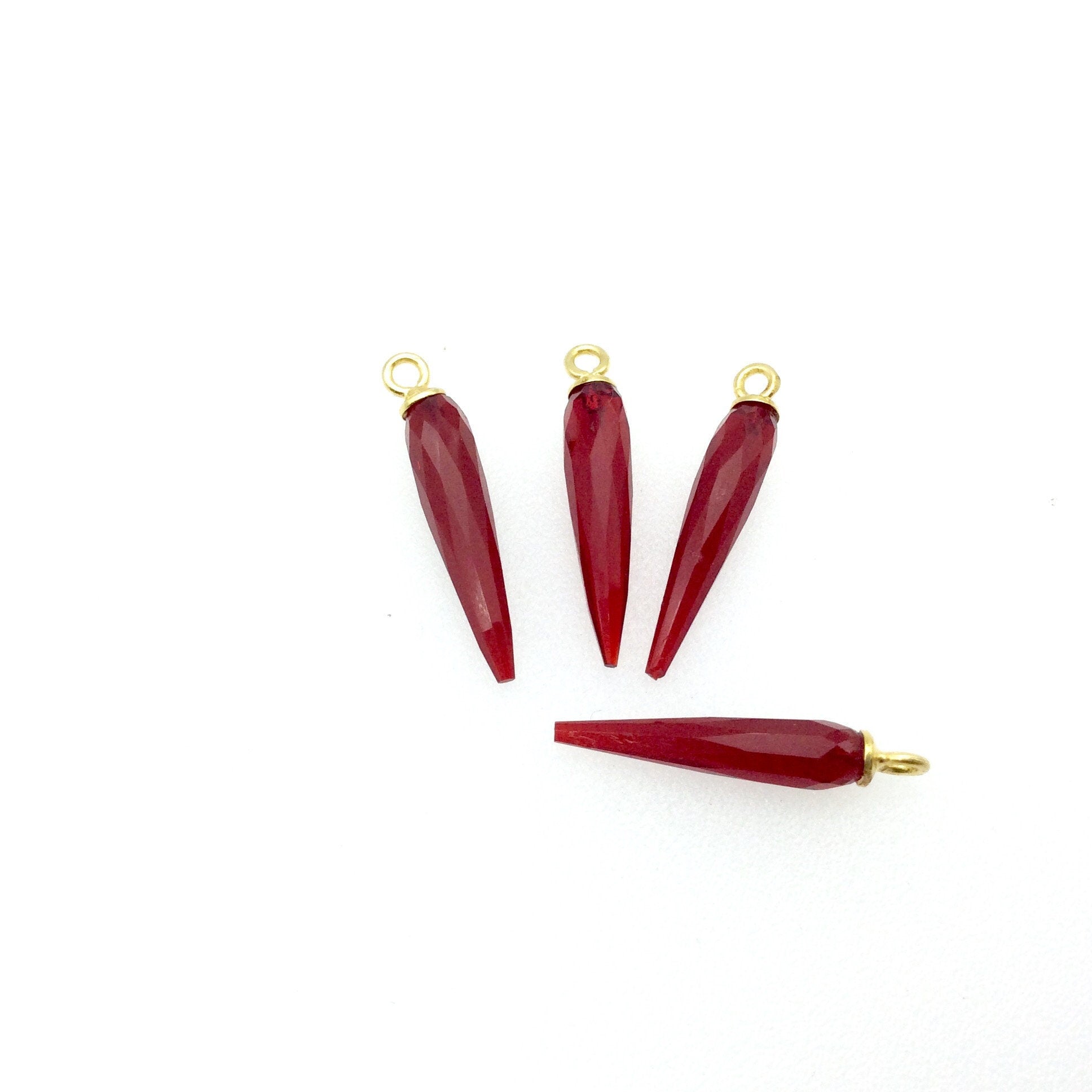 Small Gold Plated Sterling Silver Finish Faceted Spike Opaque Red Quartz Bezel Pendant  ~ 7 x 22-25mm - Sold Per Each, At Random