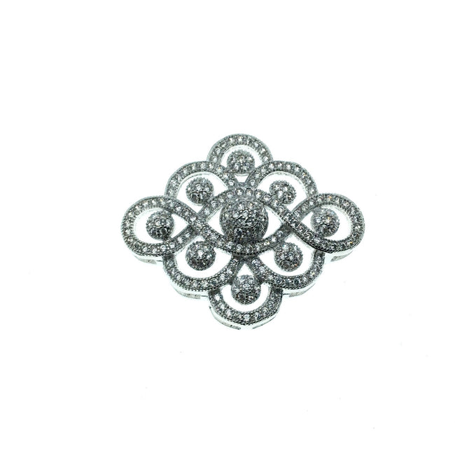 Silver Plated White CZ Cubic Zirconia Inlaid Flat Fancy/Ornate Open Ribbon/Dot Shaped Copper Slider - Measuring 26mm x 30mm