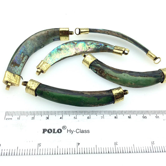 3" Iridescent Rainbow Curved Tusk/Claw Shaped Abalone Shell Pendant with Gold Floral Bails - Measuring 10mm x 80mm, Approx. (TR061-RB)