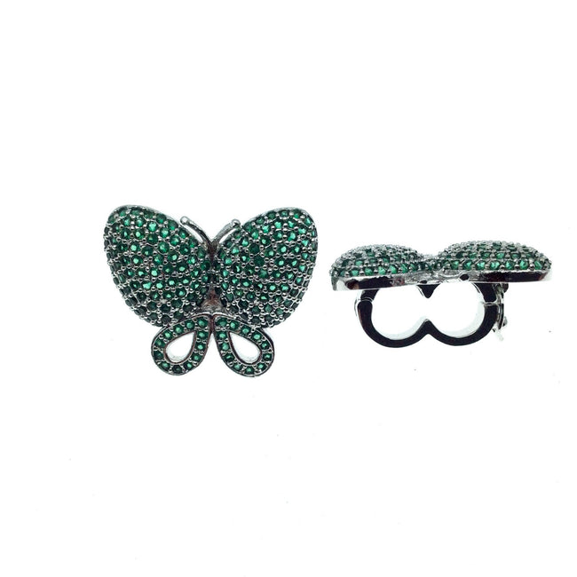 Silver Plated CZ Cubic Zirconia Inlaid Green Butterfly Bolo Slide Copper - Measures 23mm x 28mm, Approx. - Sold Individually, RANDOM