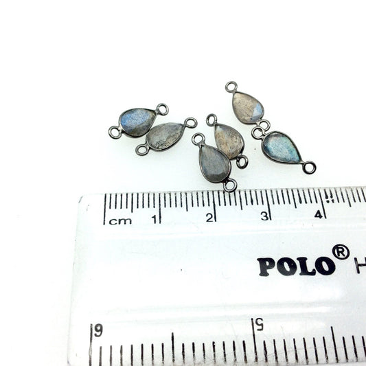 BULK LOT-Pack of Six (6) Gunmetal Sterling Silver Pointed/Cut Stone Faceted Teardrop Shaped Labradorite Bezel Connectors Measuring 5mm x 8mm