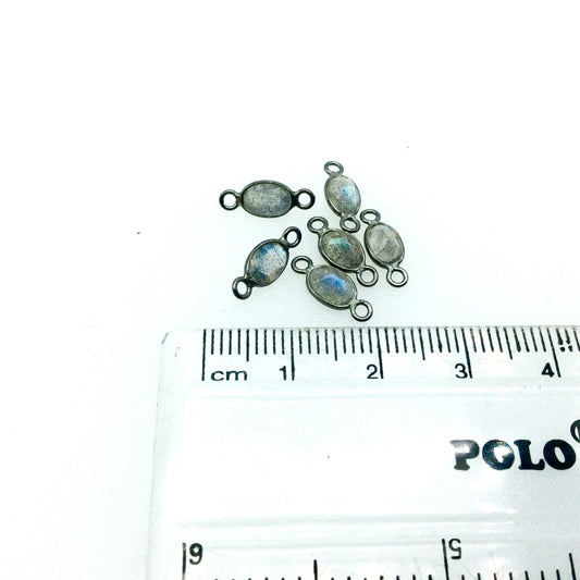 BULK LOT - Pack of Six (6) Gunmetal Sterling Silver Pointed/Cut Stone Faceted Oval Shaped Labradorite Bezel Connectors - Measuring 4mm x 6mm